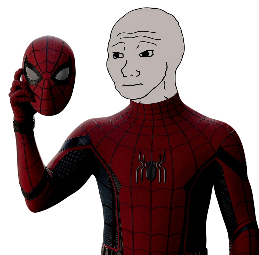 Wojak-Man in his red-and-black superhero suit, holding his removed mask beside his expressionless Wojak face.